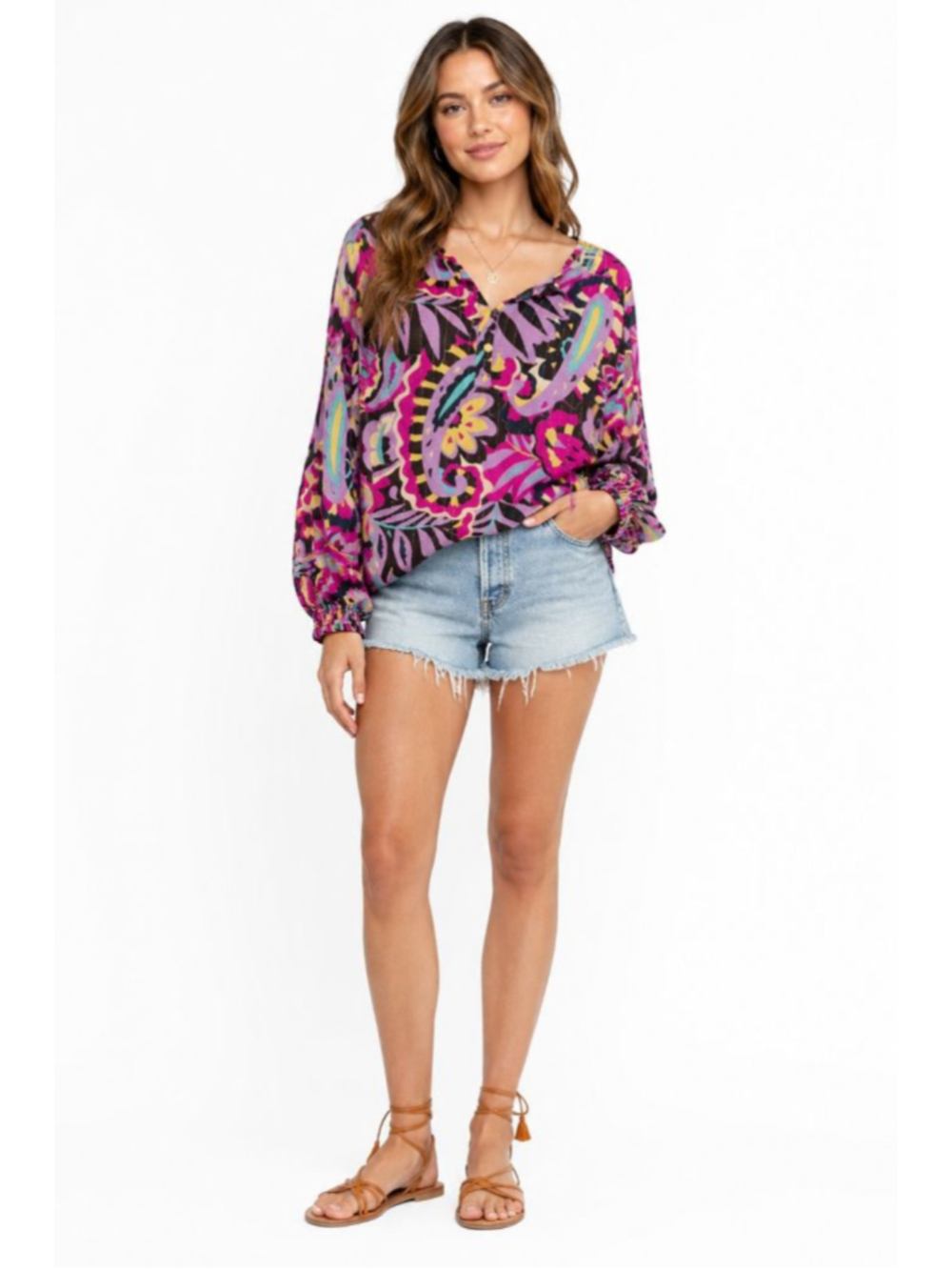 Belle by Kim Gravel Boho Paisley Fairy Grunge Y2K Peasant Blouse L - Picture 2 of 8